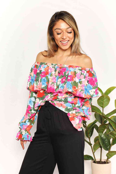 Double Take Floral Off-Shoulder Flounce Sleeve Layered Blouse (Sizes S-2XL)