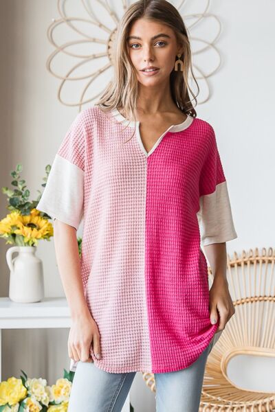 Full Size Contrast Waffle-Knit Half Sleeve Blouse