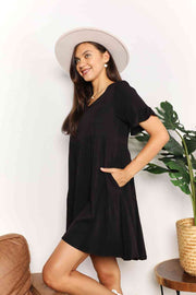 Double Take V-Neck Flounce Sleeve Tiered Dress (2 color choices)