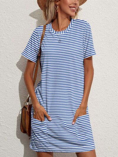 Pocketed Striped Round Neck Short Sleeve Dress (Sizes S-XL)