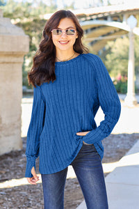 Basic Bae Full Size Ribbed Round Neck Long Sleeve Knit Top (S-3XL)