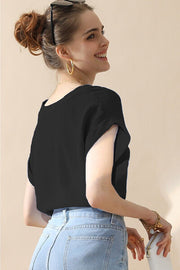 V-Neck Trim Rolled Short Sleeve Shirt (4 color choices)