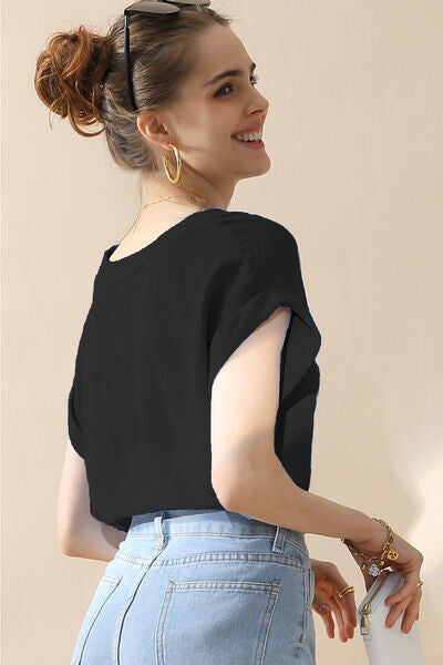 V-Neck Trim Rolled Short Sleeve Shirt (4 color choices)