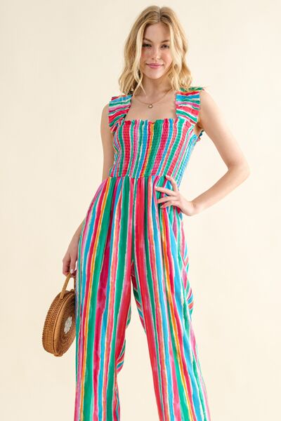 And The Why Striped Smocked Sleeveless Jumpsuit (S-3XL)