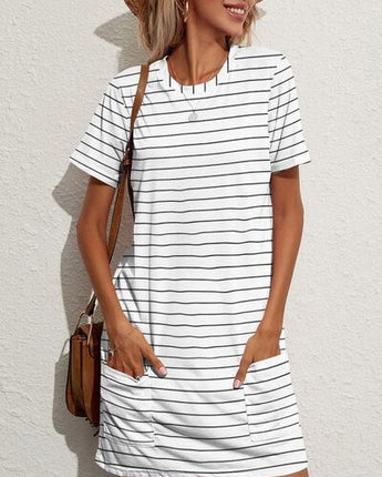 Pocketed Striped Round Neck Short Sleeve Dress (Sizes S-XL)