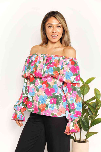 Double Take Floral Off-Shoulder Flounce Sleeve Layered Blouse (Sizes S-2XL)