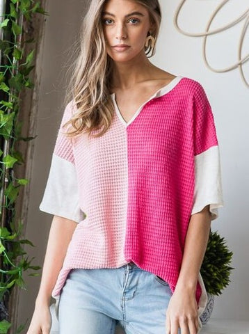 Full Size Contrast Waffle-Knit Half Sleeve Blouse