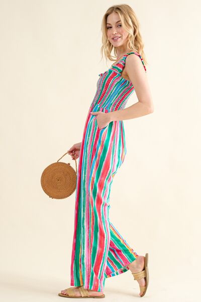 And The Why Striped Smocked Sleeveless Jumpsuit (S-3XL)