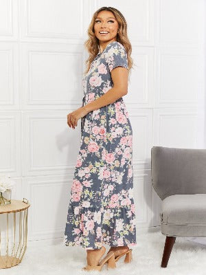 Soft Gray Floral Tiered Maxi Dress (S-XL)