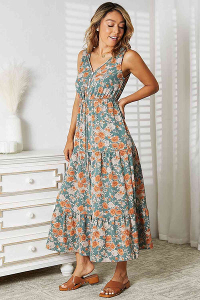 Double Take Floral V-Neck Tiered Sleeveless Dress (Sizes S-XL)